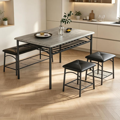 Ensemble de table et de chaises pour 4 personnes, table de cuisine avec banc et tabourets, gris