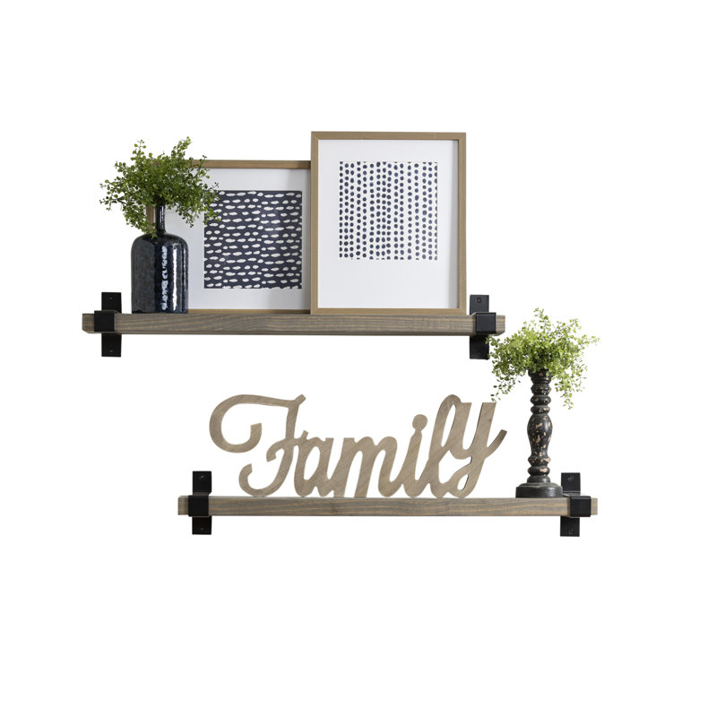 Abasi 2 Piece Pine Solid Wood Bracket Wall Shelf, 5.63" H x 36" W x 6" D, Gray, Black