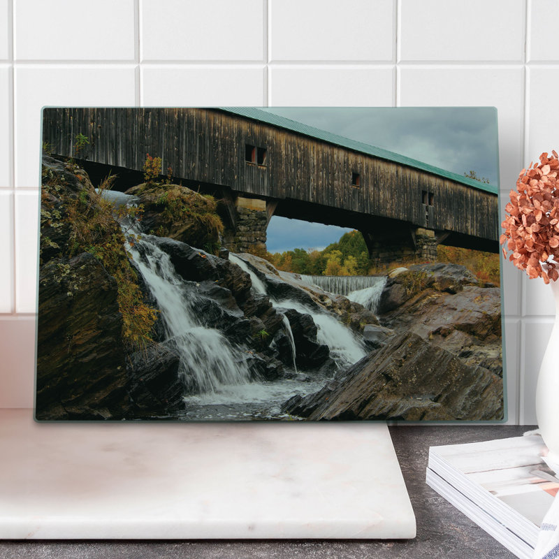 Ambesonne Waterfall Cutting Board Large Size Rustic Oak Bridge Brown