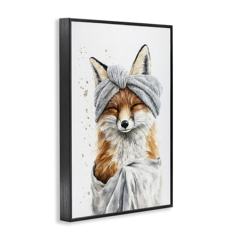 Renard de salle de bain enveloppé dans une serviette, estampe numérique, design par Tina LeCour, Giclée encadrée noir minuit
