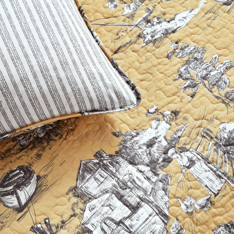 Lush Decor French Country Toile Reversible Cotton Quilt Set, Yellow/Gray, King Quilt + 2 Pillow Shams