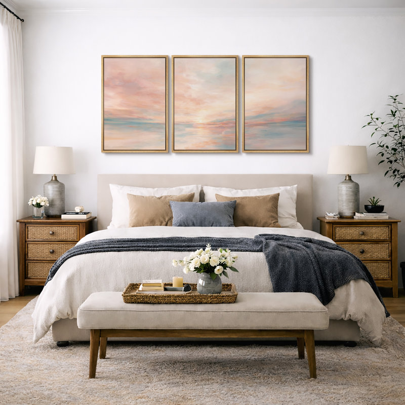 «Pastel Coastal Sunrise», œuvre d'art abstraite sur toile, impression encadrée sur toile, 3 pièces, Cadre naturel