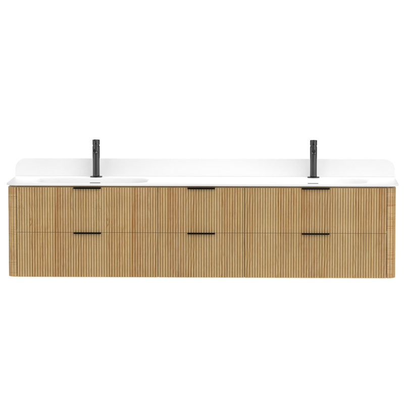 Meuble-lavabo cannelé en chêne doré 84 po avec lavabo intégré et quincaillerie noire 84 po