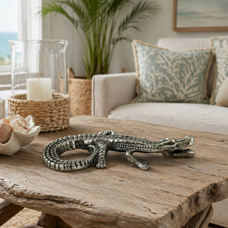 Sculpture décorative en aluminium représentant un alligator, idéale pour la décoration intérieure – Objet de décoration moderne pour le salon, à poser sur une étagère ou une table – 28 cm, argent et gris anthracite