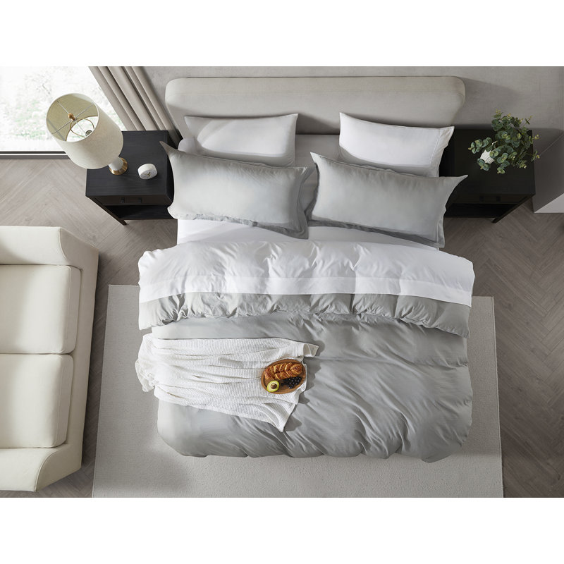 Ensemble de housse de couette prélavé, Gris clair, Housse de couette double et 2 taies décoratives s