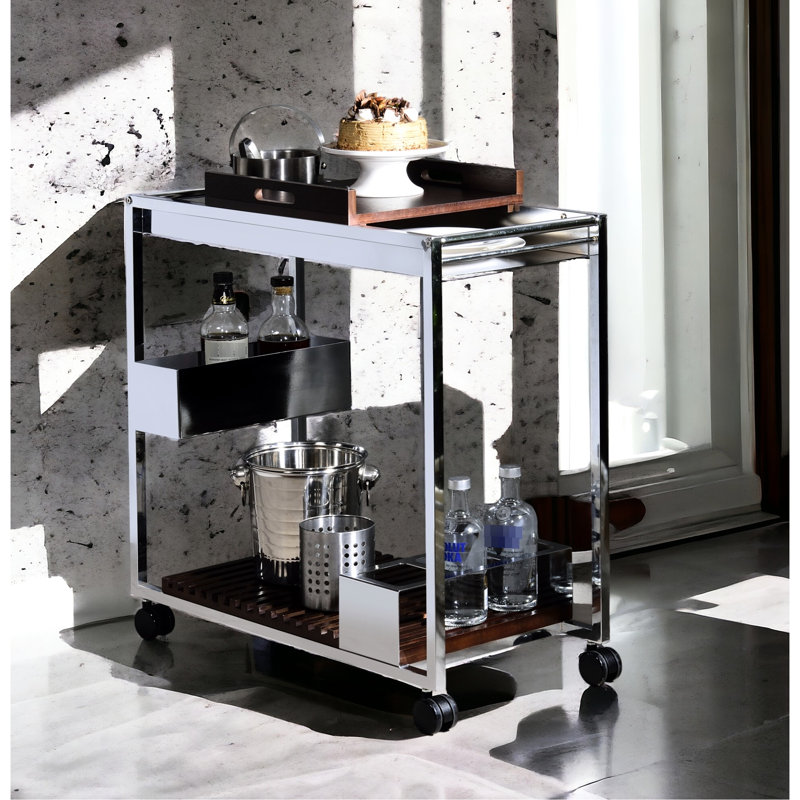 Modern Synthetic Wood And Metal Serving Cart, Electroplating, 2 Open Compartments, Wine Bottle Stand Stemware Hanging Shelf Cart With Rack