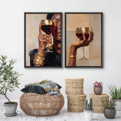 Elegant Woman with Red Wine Glass Gold Accent Modern Glam Portrait Wall Decor for Living Room Bedroom Framed Canvas Master Bedroom Wall Art Work 2 Pieces Print
