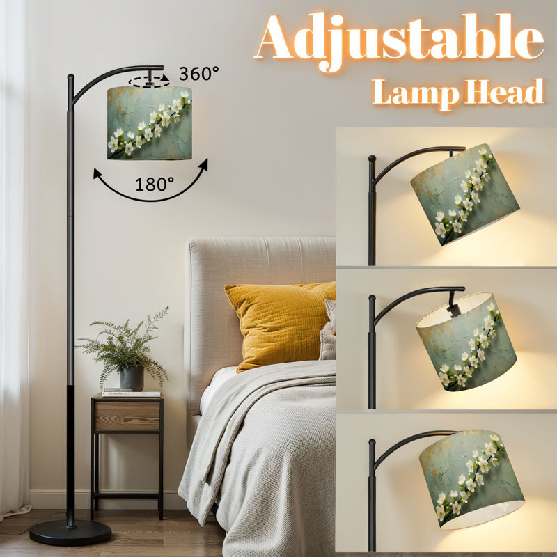 Lampe sur pied à arc avec abat-jour réglable, délicate branche de fleur blanche, vert clair, lampe sur pied, décor d'été, 3 températures, intensité variable, grand pôle avec interrupteur au pied pour la chambre à coucher