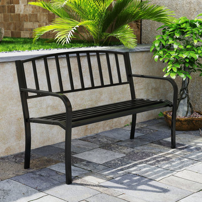 50 Inches Garden Bench w/ Slatted Backrest & Curved Armrests for Porch