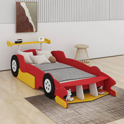 Twin Size Race Car Bed,Wood Car-Shaped Platform Bed With Storage Shelves
