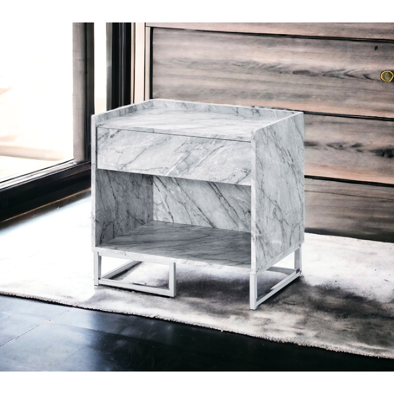 Table d'appoint en faux marbre et finition blanche avec 1 tiroir de rangement, compartiment ouvert, base en métal, glissière de tiroir à extension 1/2, plateau épais de 0,59 po, matériau, l 24 po de largeur, 16 po de profondeur, 25 po de hauteur, 38 lb