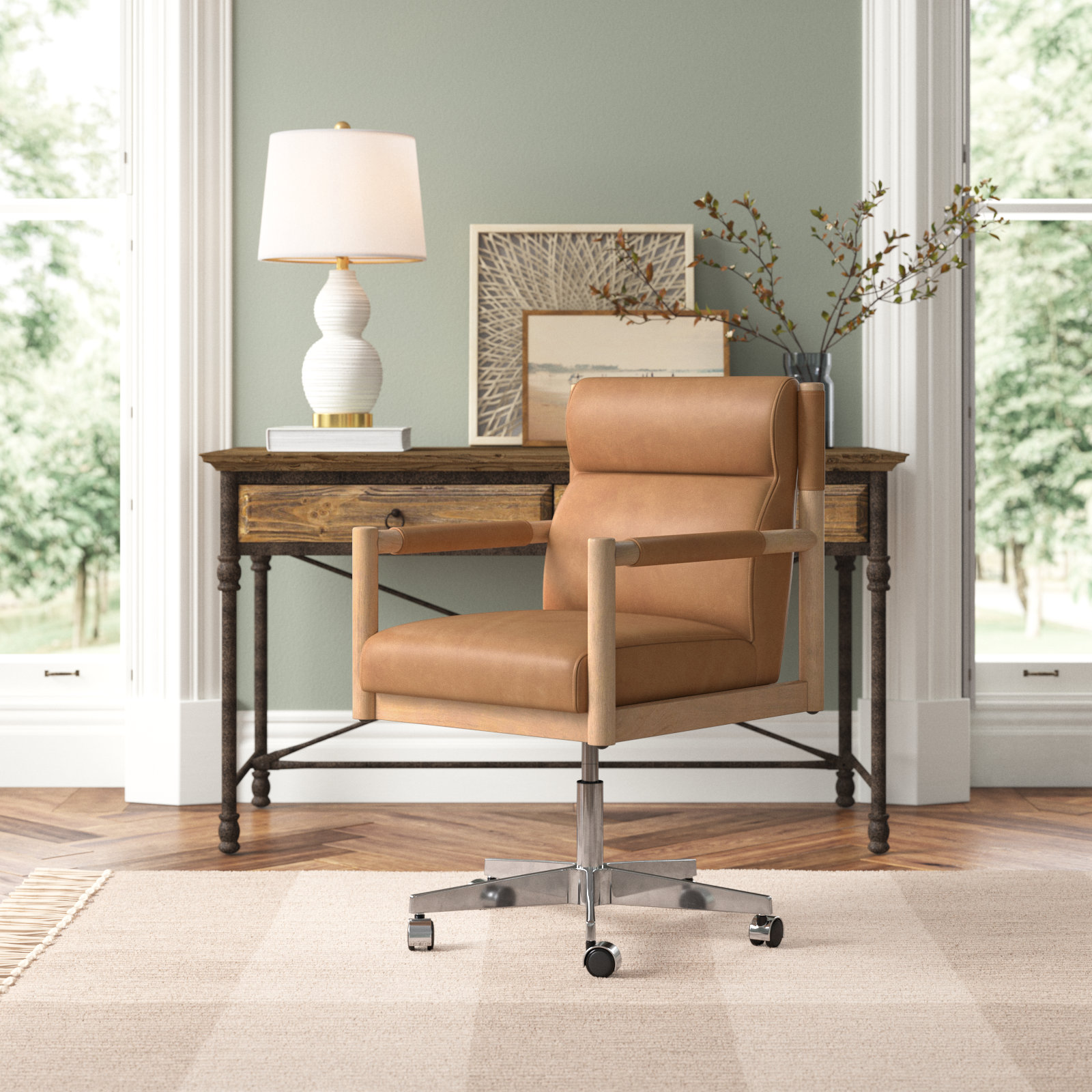Finn Swivel Office Chair, Light Brown Genuine Leather