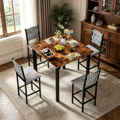 Ensemble de table de salle à manger 5 pièces avec table à hauteur de comptoir et 4 tabourets de bar, ensemble de salle à manger de cuisine moderne en faux marbre avec chaises rembourrées, ensemble de salle à manger compact pour petits espaces, brun