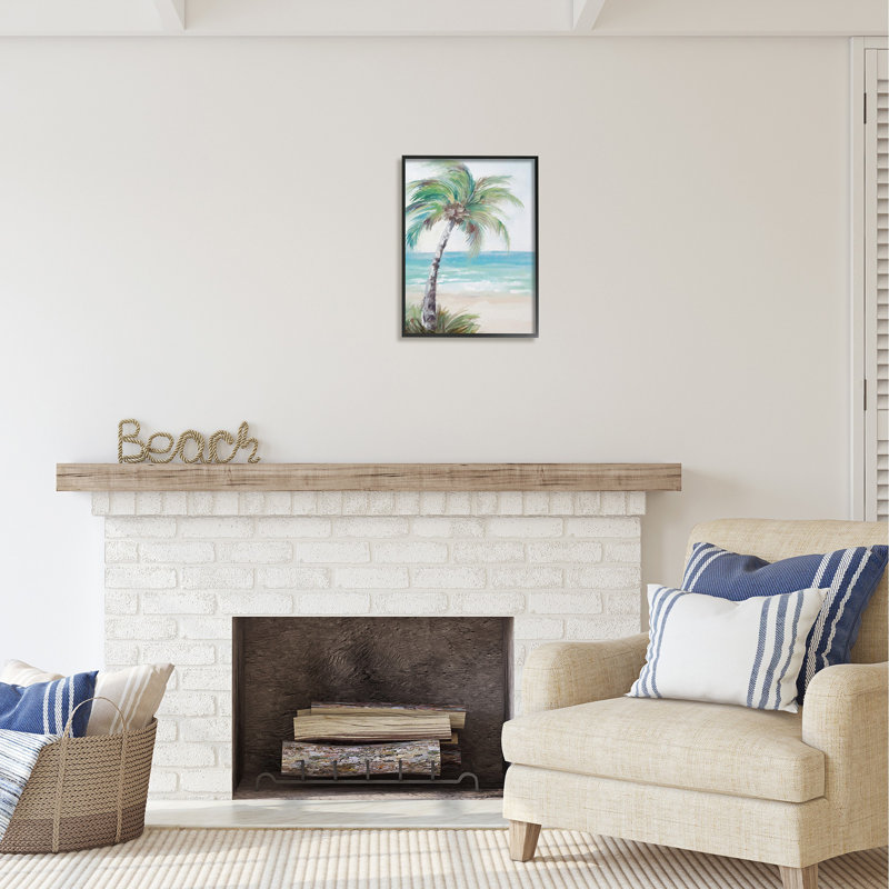 Soft Palm Tree Beach Landscape Print on Canvas with Black Frame