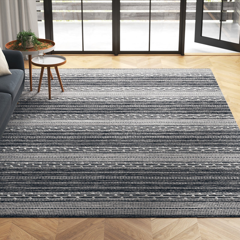 Hartwig Striped Handwoven Cotton Black/Ivory Area Rug, Square 7'