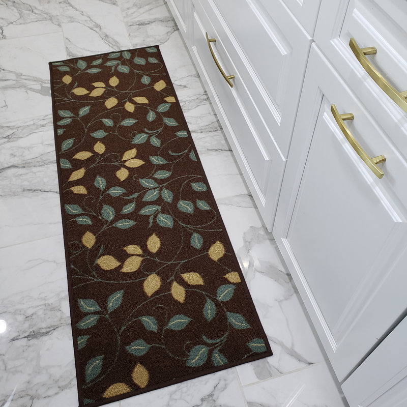 Tapis floral brun / bleu Arroya, Tapis de couloir : 3 pi x 10 pi