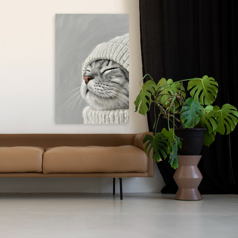Mignon chat, art contemporain classique abstrait avec fleur de chat, H 48 po x l 32 po