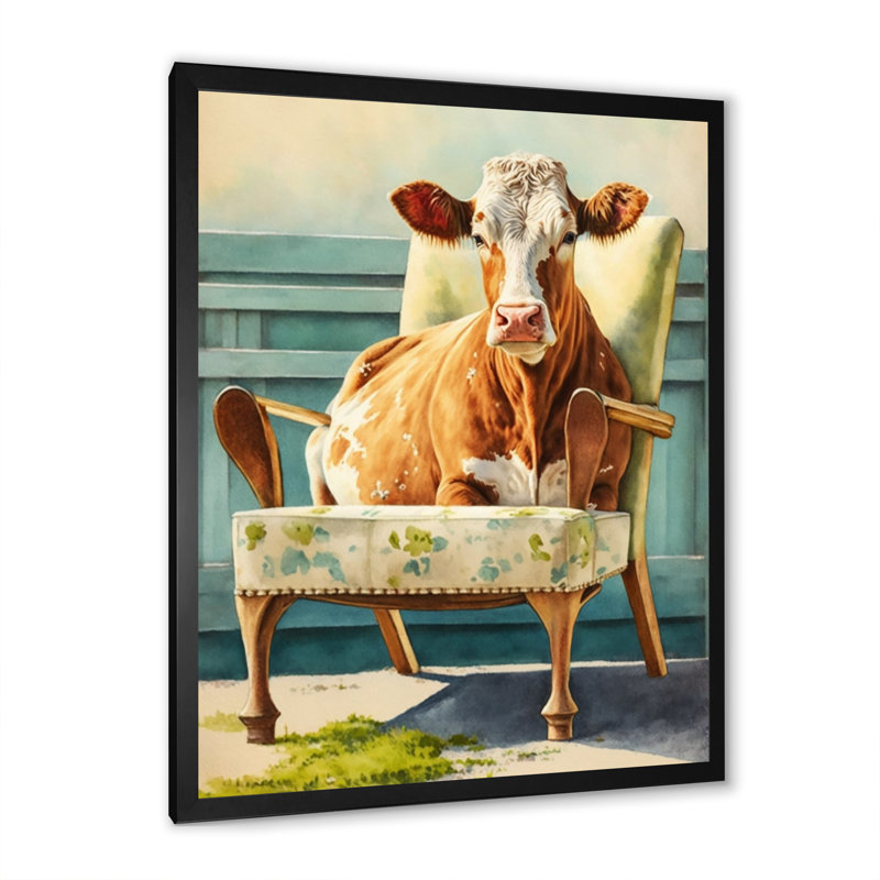 Vache sur une chaise II - Vache, art mural, H 40 po x l 30 po, Cadre photo noir