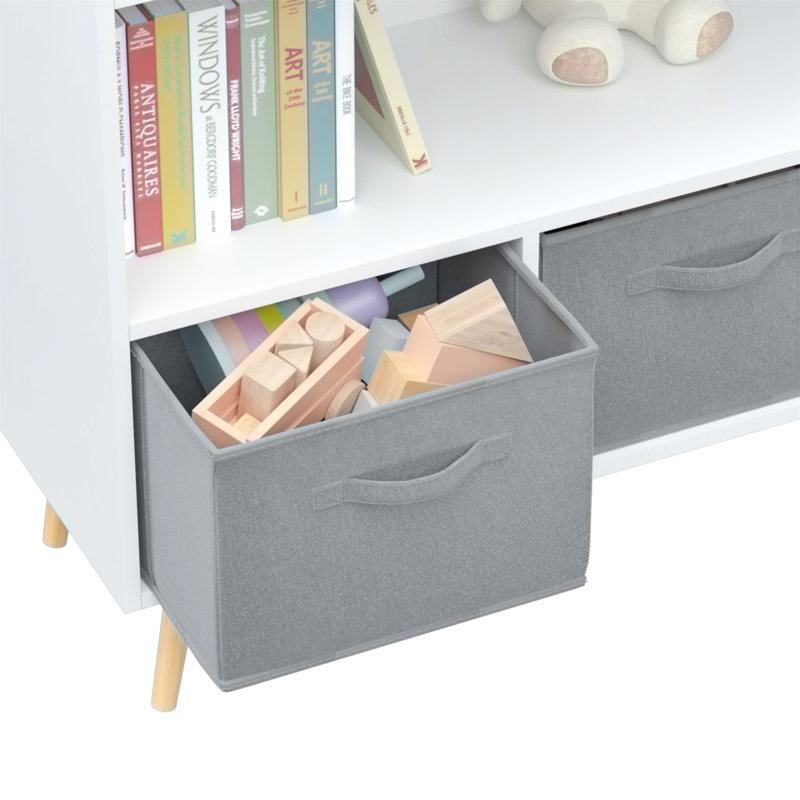Kids bookcase with Collapsible Fabric Drawers Children's Book Display Toy Storage Cabinet Organizer, White/Gray