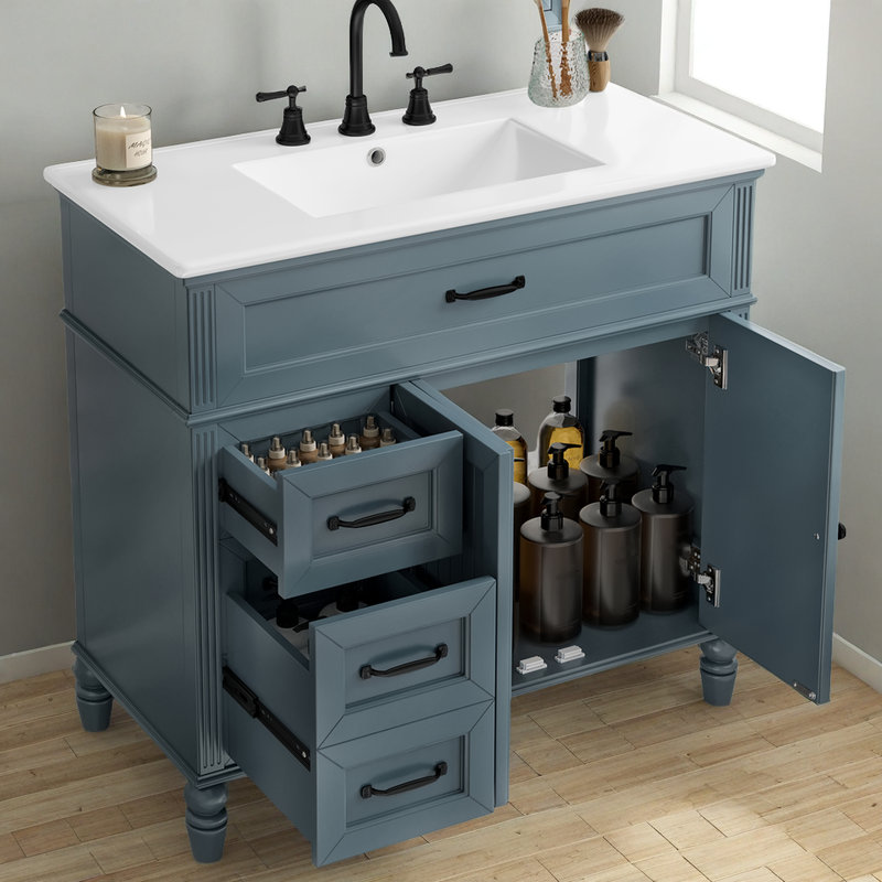 Ensemble de meuble-lavabo rétro 36 po - Lavabo en céramique - Structure en bois d'acacia - Conception rainurée - Compatible avec un robinet de 8 po?
