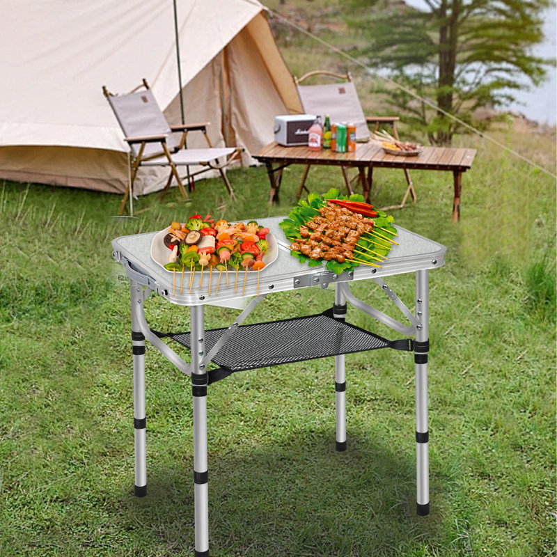 Petite table pliante à hauteur réglable - Table de camping portable avec filet, table d'extérieur / de plage en métal blanc
