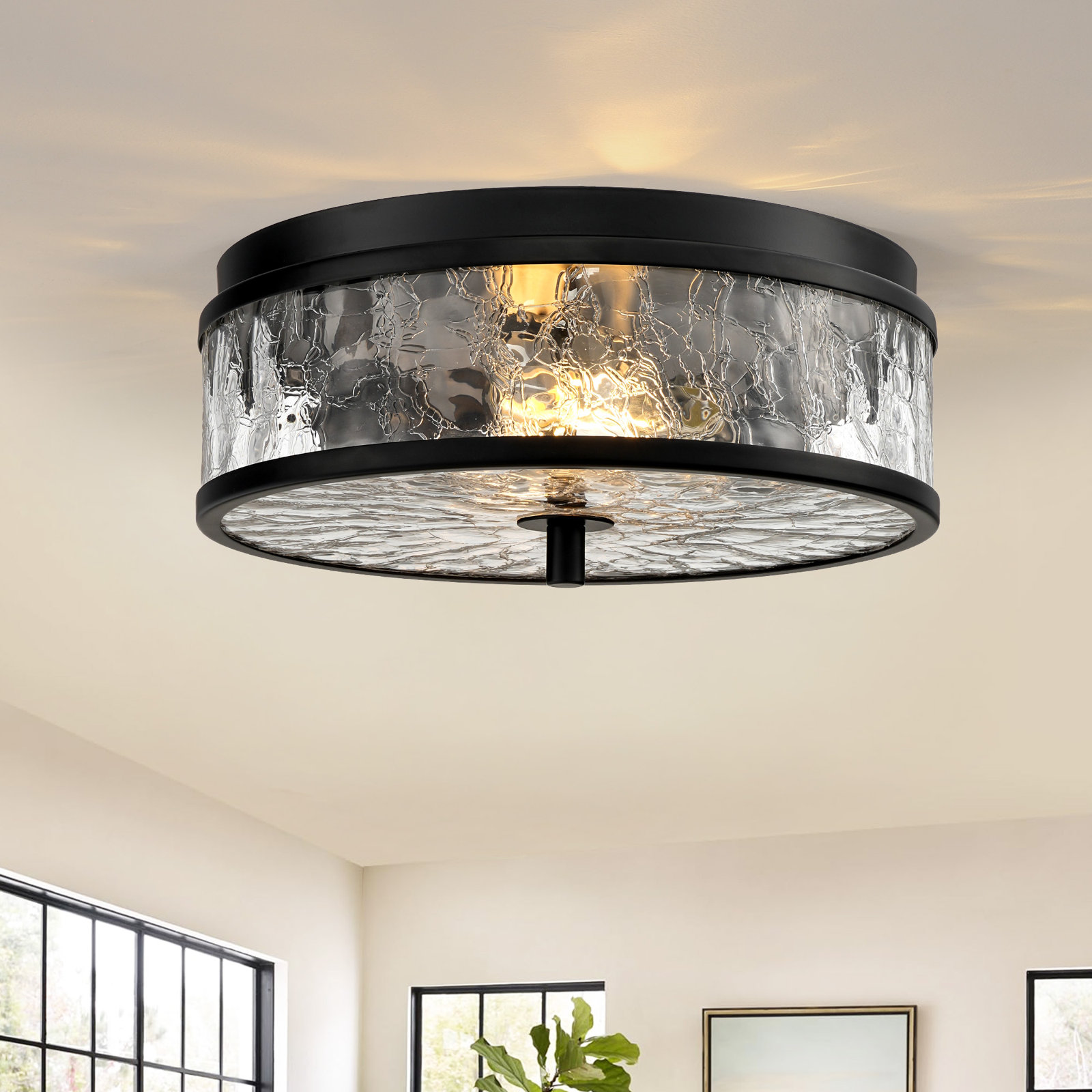 2-Light 12” Flush Mount Ceiling Light With Crackle Glass Shade, Matte Black