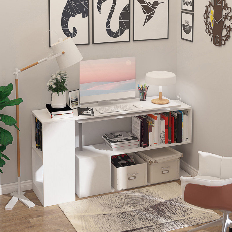 55" 360° Rotating Corner Computer Desk Modern L-Shaped Home Office Workstation With 3-Tier Storage Shelves, Bookshelf