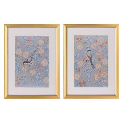 Ensemble de 2 reproductions d'art encadrées d'oiseaux bleus - 12 x 16 impressions florales avec cadre en feuille d'or et passe-partout en verre pour une décoration murale élégante