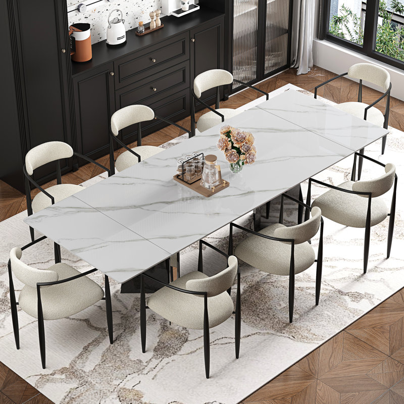 Ensemble de table de salle à manger moderne pour 8 à 10 personnes avec table de salle à manger extensible en pierre frittée de 94,5 po et 8 chaises avec accoudoirs rembourrés en tissu