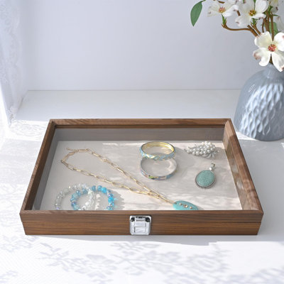 Jewelry Display Case, Display Case Accessories Storage Box with Tempered Glass Hinge Lid, Jewelry Tray for Collectibles, Walnut Color