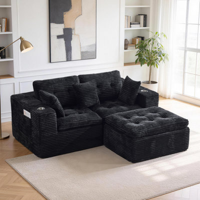 Causeuse en velours côtelé 77,96 po, canapé modulaire modulaire, canapé rembourré à 2 places à siège profond semblable à un nuage, aucun assemblage requis, mobilier confortable peu encombrant pour le salon, noir