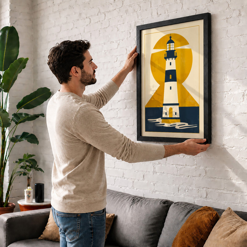 Lighthouse at Sunrise Coastal - Framed Print, A2 - 59.4 x 42.0 cm, Black