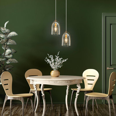 1-Light Gold Bell Seeded Glass Pendant Light with Iron Frame