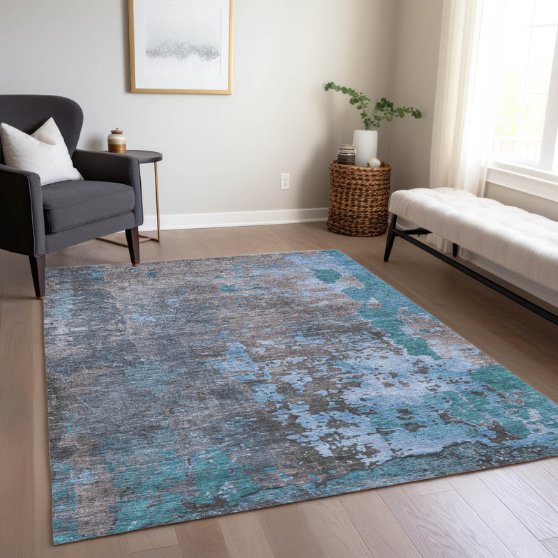 Teal and Gray Flat Woven Synthetic Washable Rug