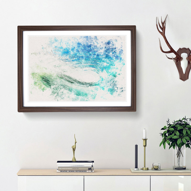 Within The Wave In Blue & Green Watercolour - Picture Frame Graphic Art, 62cm H x 87cm W x 2cm D, Walnut