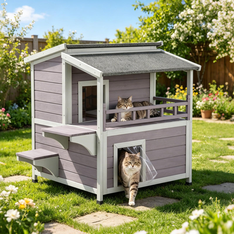 Outdoor Cat House Weatherproof Two Story Feral Cat Shelters with Escape Doors, Insulated Solid Wood, and Removable Middle Floor for Multiple Cats