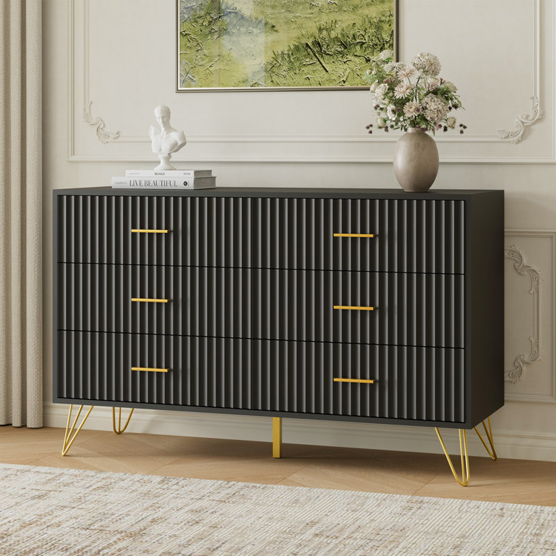 Modern 47'' W 6  Drawer Dresser,Black Dresser Chest with Anti-tipping Devices, Black