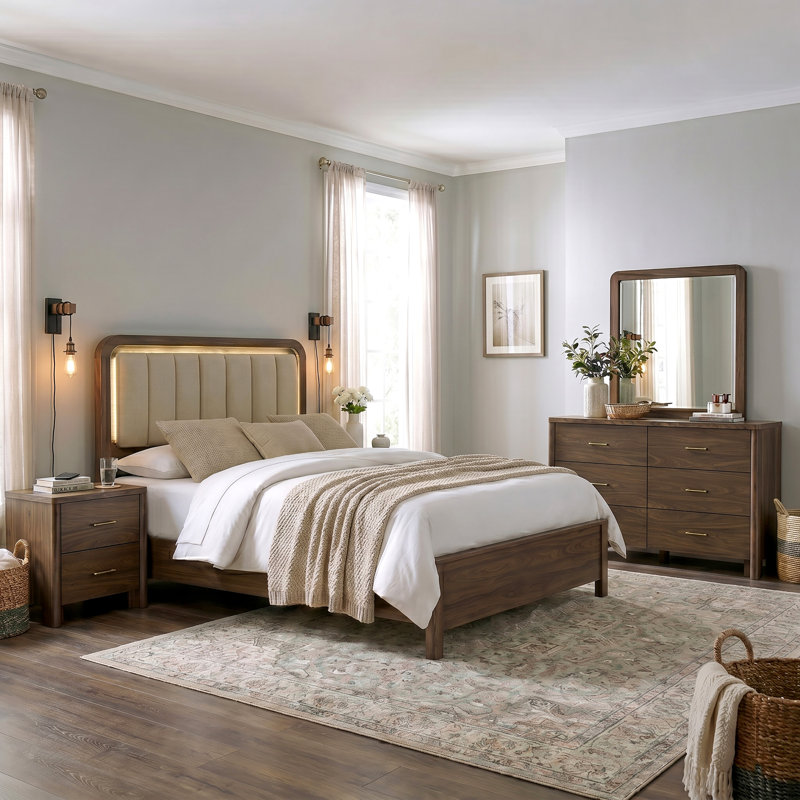 Ensemble de chambre à coucher 4 pièces avec tête de lit à lumière chaude Casillas, Très grand lit
