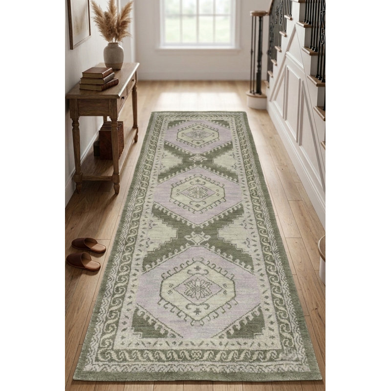 Tapis de couloir oriental vert clair en laine noué à la main, Tapis de couloir 2 pi 6 po x 6 pi