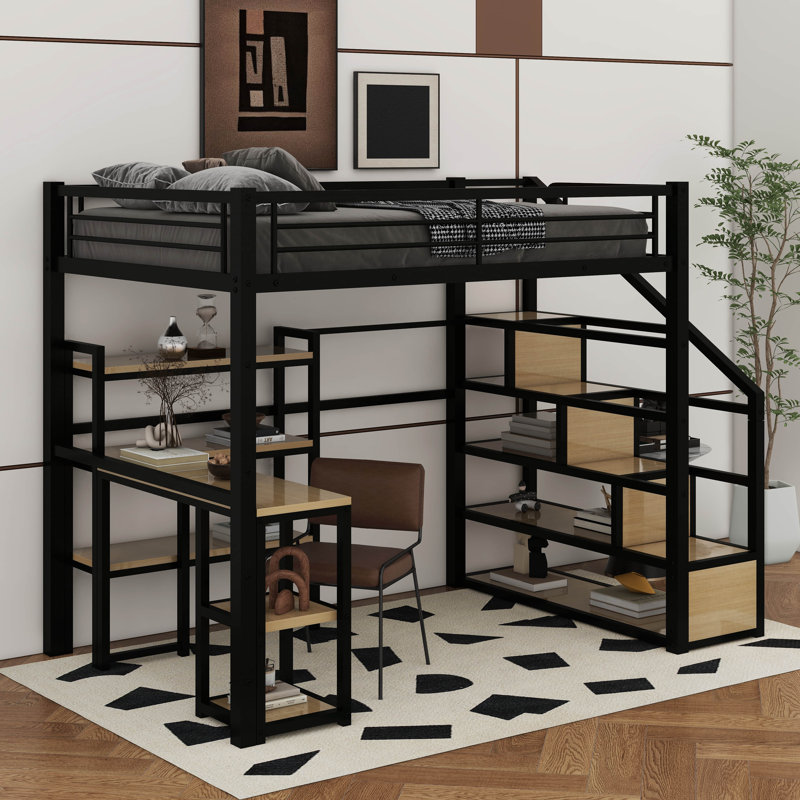Lit mezzanine double en métal avec escalier, bureau intégré et tablettes
