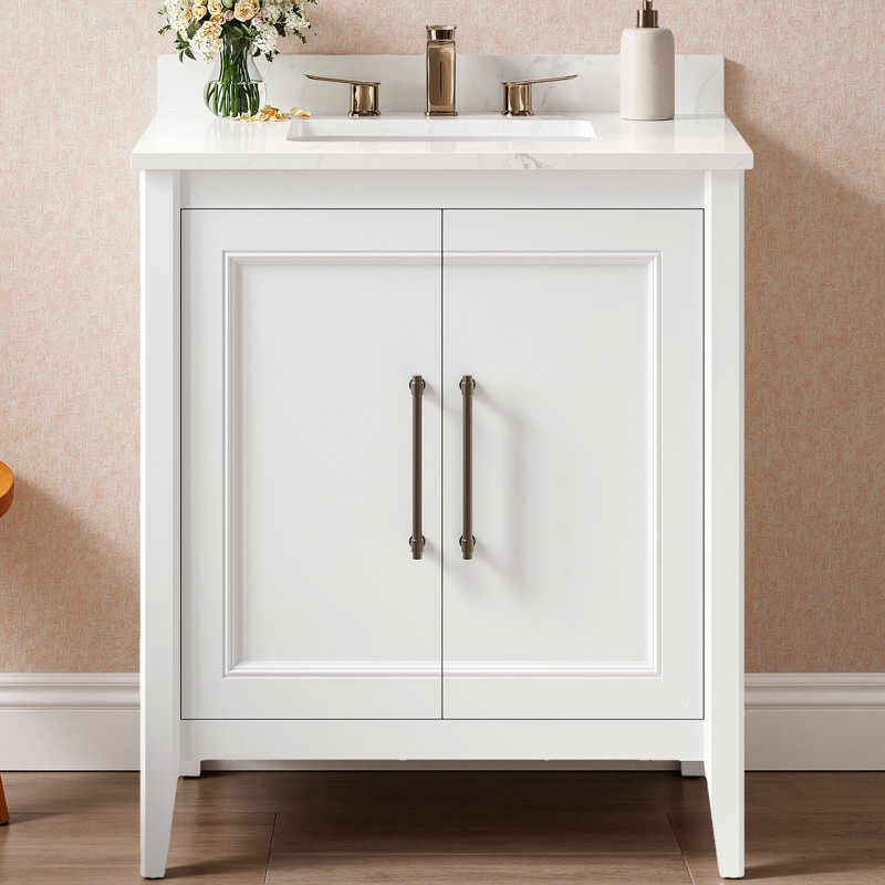 30" Single Bathroom Vanity With Engineered Stone Top, Soft-close Doors, White