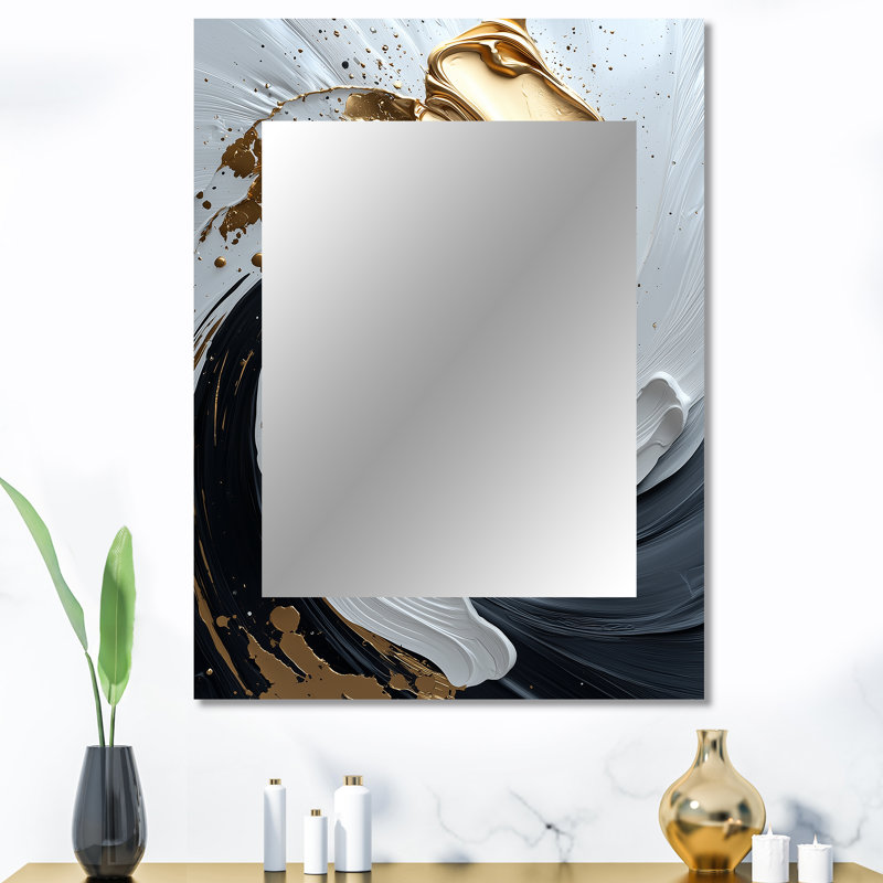 White Black Gold Cosmic Whirlpool II - Abstract Spirals Wall Mirror, Gold Decorative Mirror, Printed Metal Art, 40" x 30"