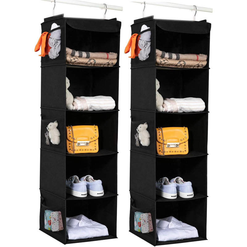 Ensemble de 2 organisateurs de placard suspendus, 5 tablettes de rangement suspendues avec 6 poches latérales pour chaussures à vêtements, 43 po x 12 po x 12 po (noir)