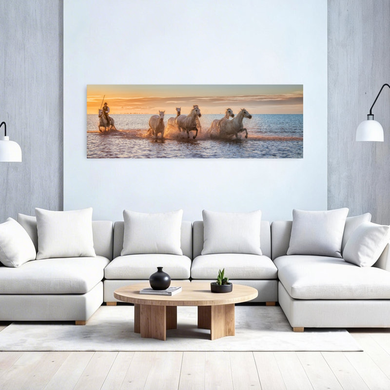 «Camargue Horses Sunset Run Dramatic Elegant Abstract Horse Ocean Sunset», art mural, H 20 po x l 60 po