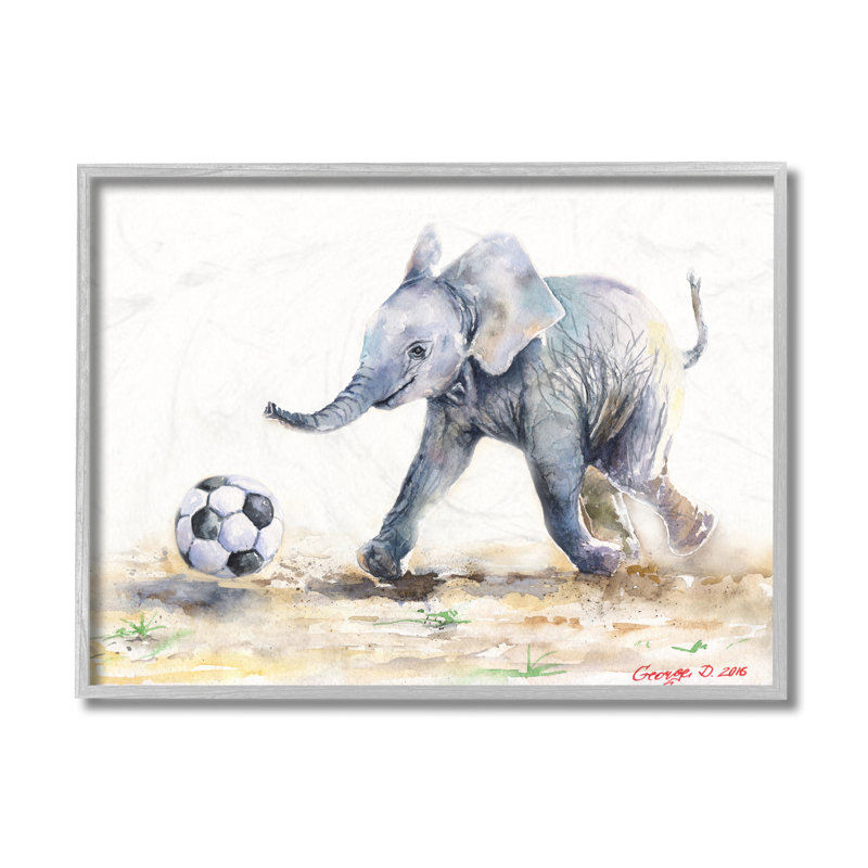Éléphanteau jouant au soccer Adorable animal de la jungle, H 11 po x l 14 po x P 1,5 po, Estampe numérique Farmhouse