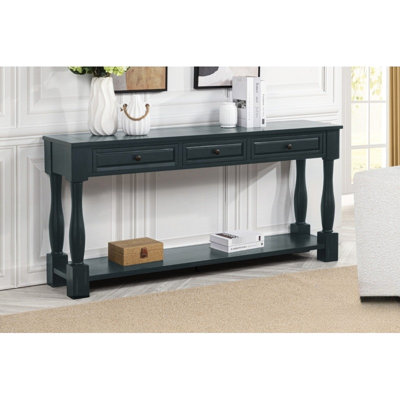 63" Long Navy Wood Console Table With Shelf, Transitional Style For Living Room, Entryway, Hallway, Quality, Assembly Needed Drawers,