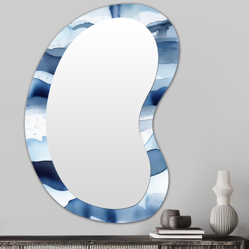 Abstract Classic Blue Waves II - Fractals Metal Art Decor - Modern Irregular Wall Mirror, 31" x 22"