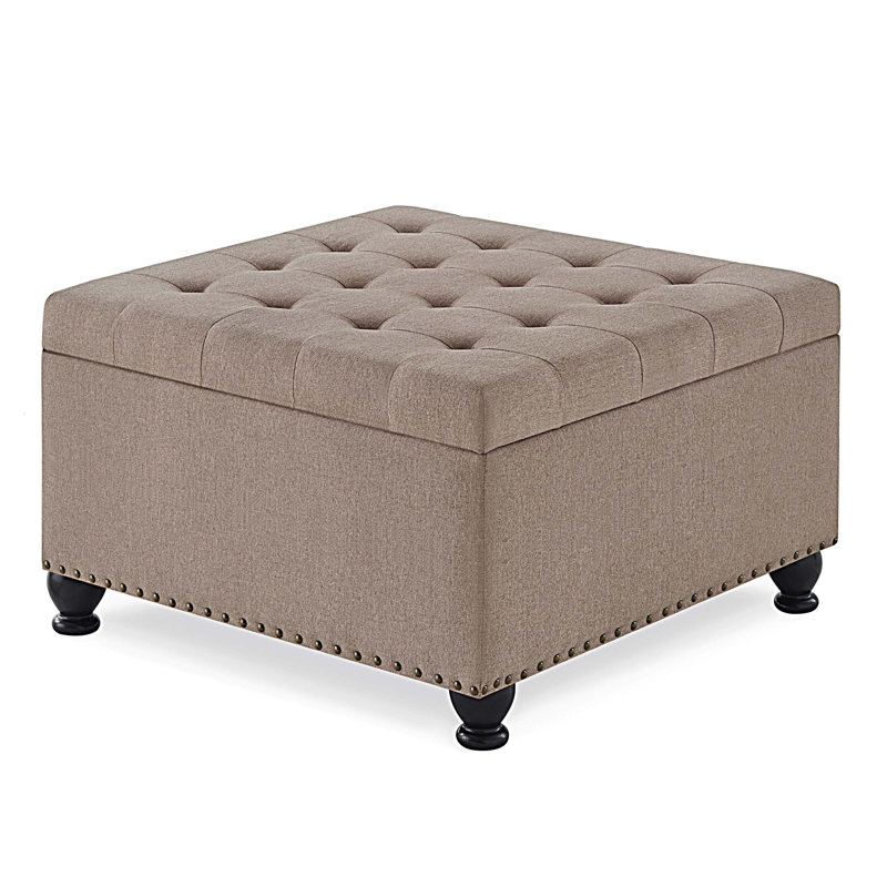 Grand repose-pieds de rangement carré avec pieds en bois, table basse capitonnée avec garniture cloutée pour plus d'espace de vie