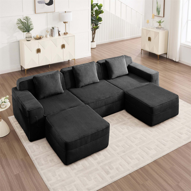 Modern Modular 3 Seat U Shape Boneless Sectional Sofa with Deep Seats, Throw Pillows and 2 Movable Ottomans for Ultimate Comfort and Versatility