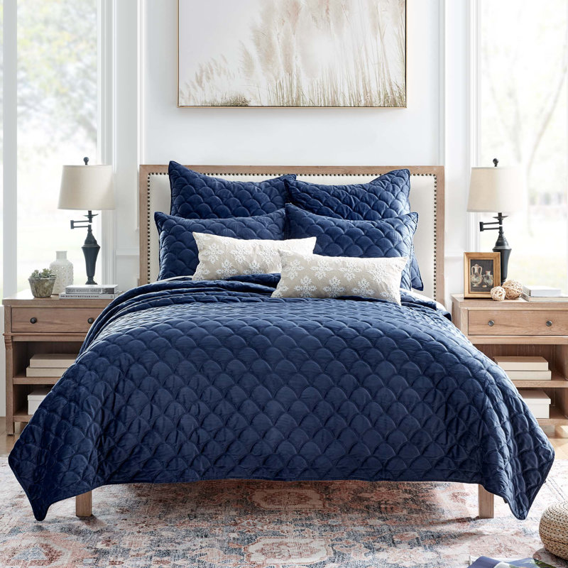 Velvet Quilt Set, Full Quilt + 2 Standard  Shams, Navy